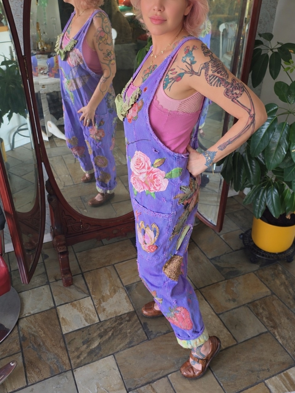Free People + Me, Purple Floral & Hummingbird Overalls Jumpsuit - Picture 2 of 14